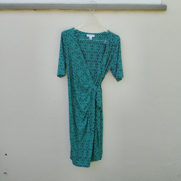 Green and Navy Blue Geometric Print Wrap Dress Size L - Picture 1 of 14